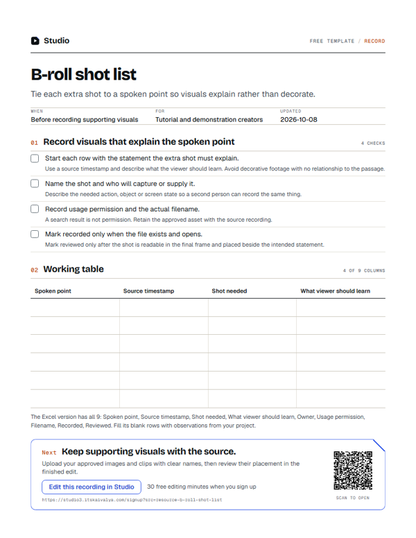 First page of the b-roll shot list