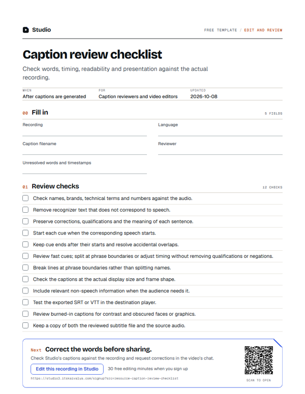 First page of the caption review checklist