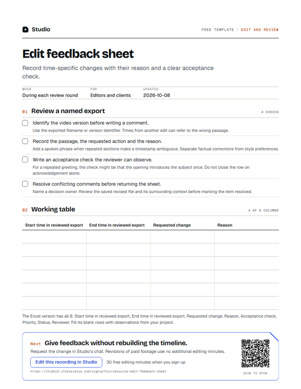 First page of the edit feedback sheet