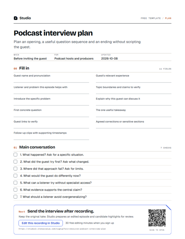 First page of the podcast interview plan