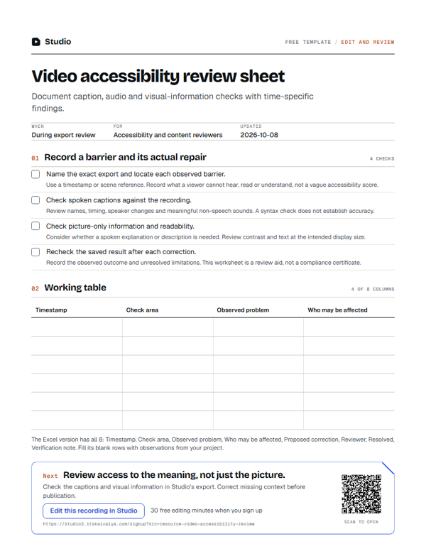 First page of the video accessibility review sheet