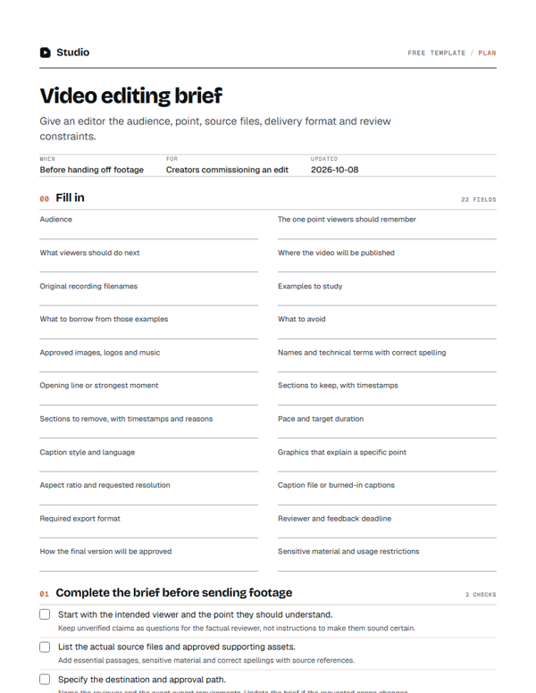 First page of the video editing brief
