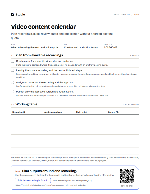 First page of the video content calendar